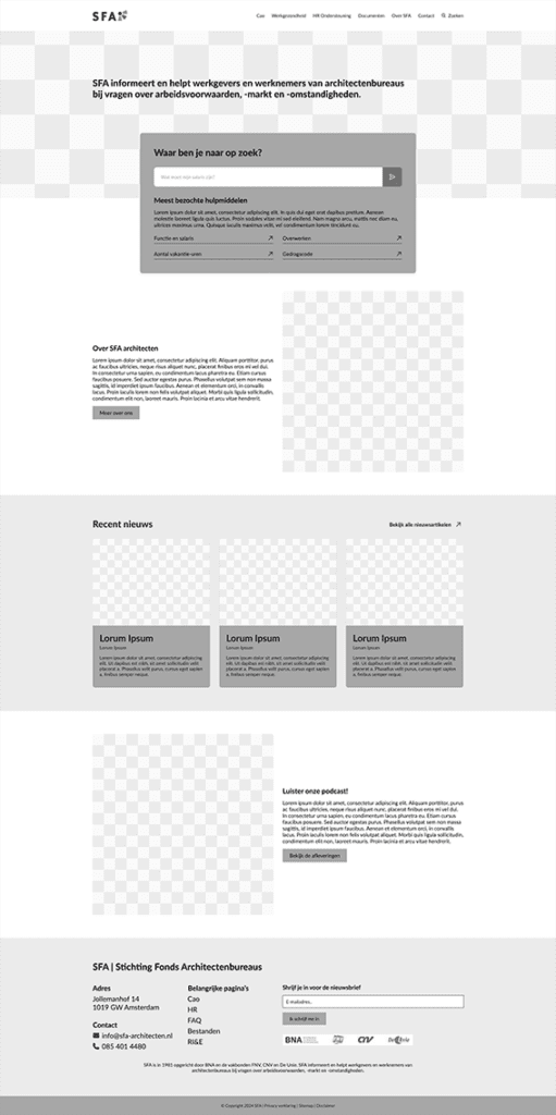 Voorbeeld van een wireframe van de homepage